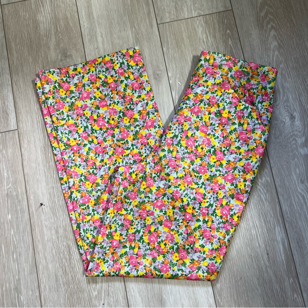 Vintage 70’s Flower Power Bright Floral Pants Trousers Straight Flare Leg Medium - Picture 9 of 16
